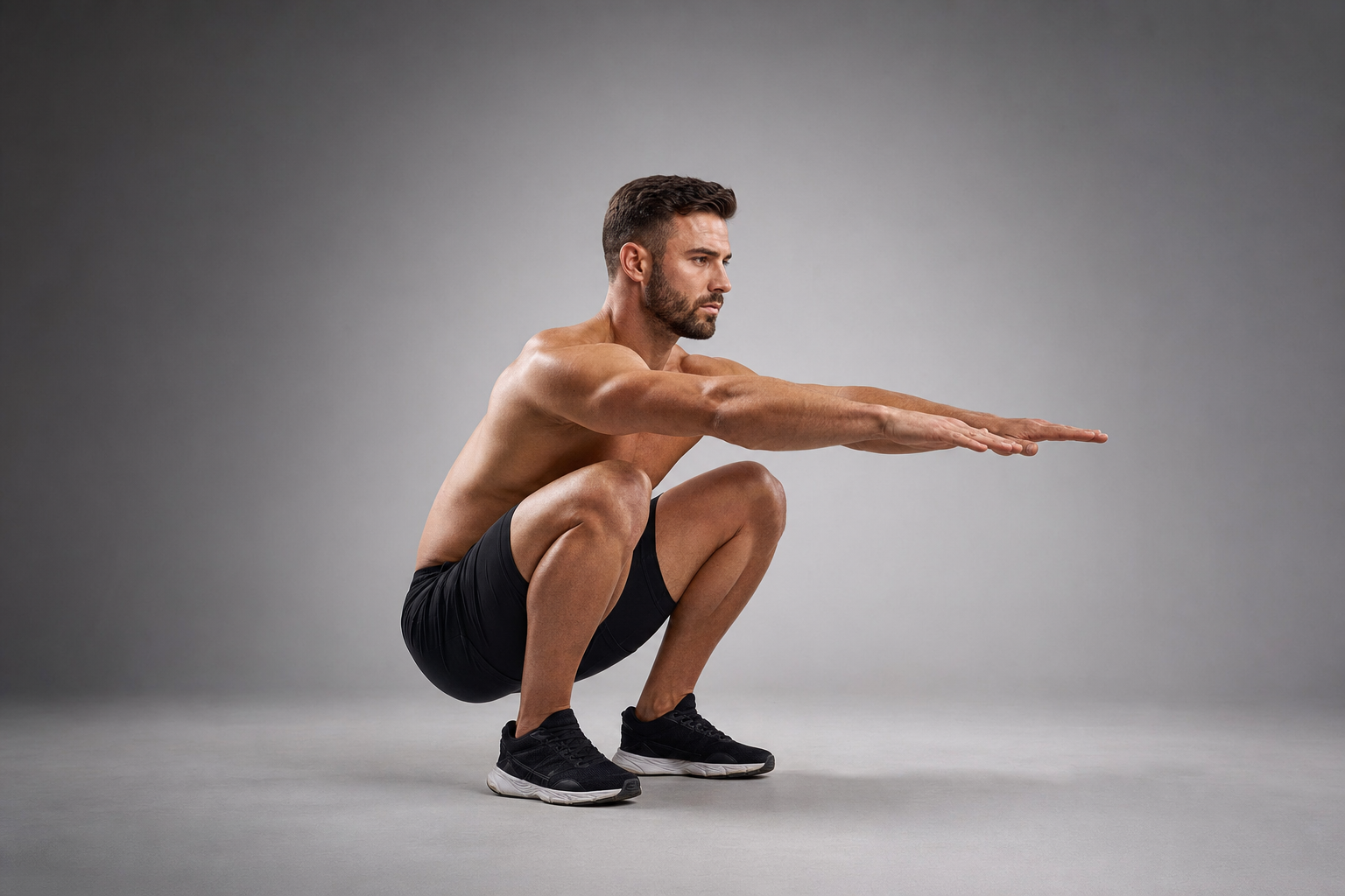 A man holding a deep bodyweight squat with arms extended forward, demonstrating exactly where restricted ankle and hip mobility shows up under load, Belldiva