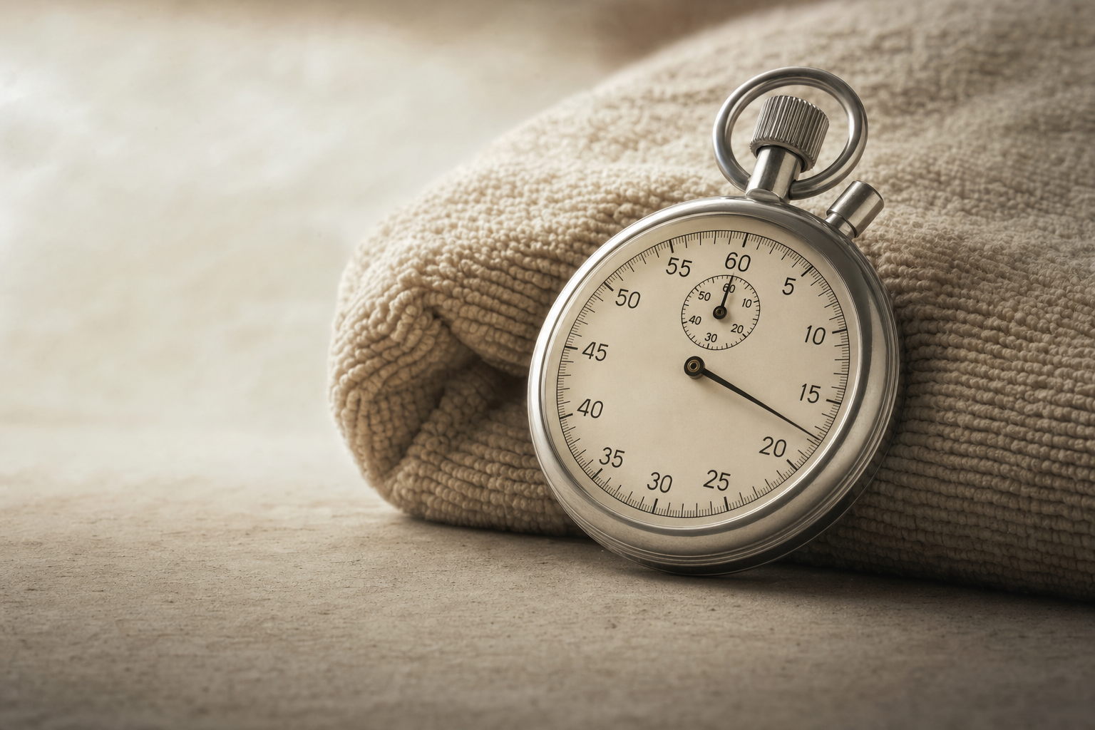 A stopwatch resting against a folded towel, representing the structured timing of effort and rest that defines a conditioning interval session, Belldiva