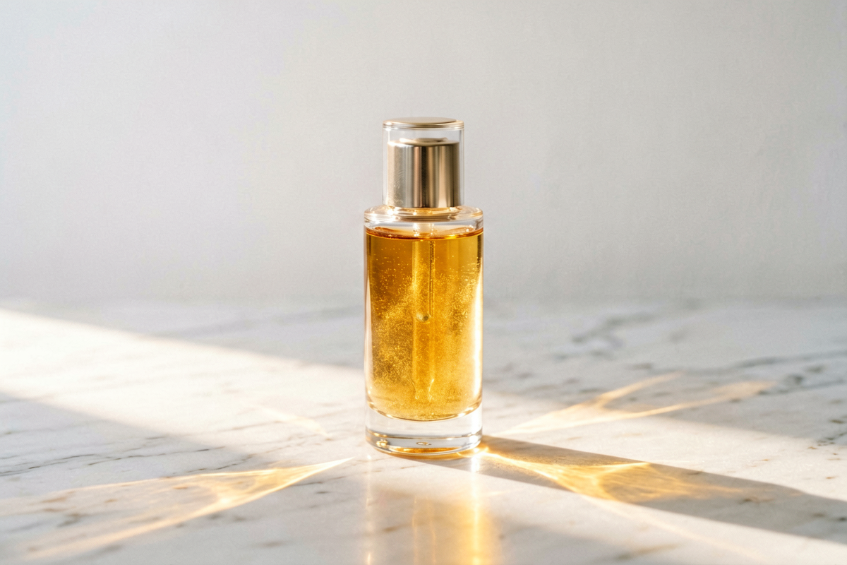 Clear glass bottle filled with golden amber serum liquid on white marble surface with warm light refracting through the vessel, representing the colour and clarity of an effective vitamin C serum, Belldiva