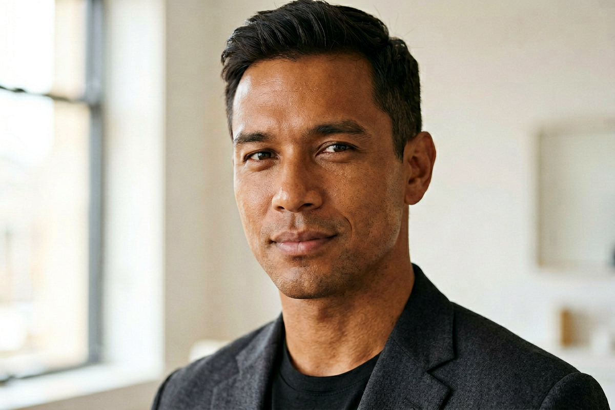 Man with healthy clear skin and confident expression in natural window light, representing vitamin C serum as an essential morning active for men's skincare, Belldiva