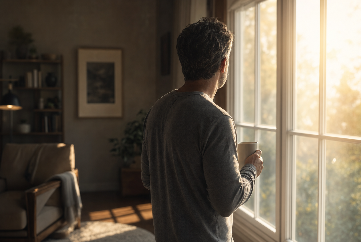 Man seen from behind holding a coffee mug, looking out a sunlit window in a cozy living room, representing the quiet hormonal transition of andropause, Belldiva