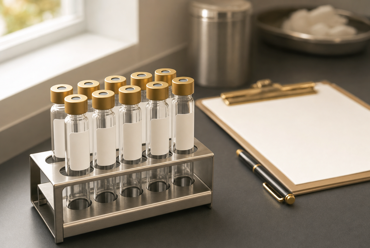 A rack of gold-capped blood sample vials beside a blank clipboard and pen on a clinical desk, representing the bloodwork required for a genuine andropause diagnosis, Belldiva