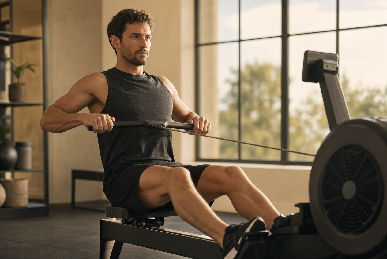 Man mid-pull on a rowing machine in a bright gym, focused expression, representing resistance training as one of the strongest evidence-backed levers for testosterone, Belldiva