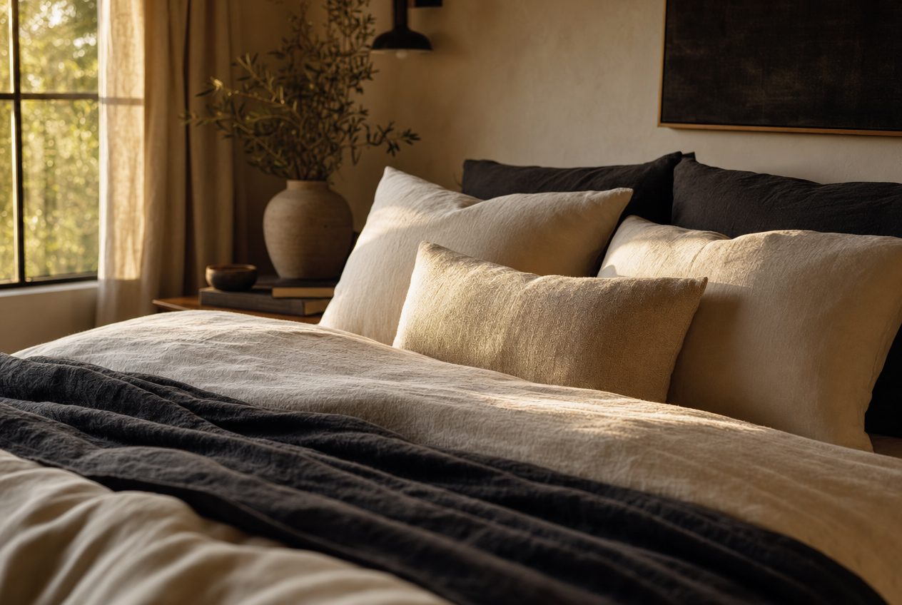 A neatly made bed with cream and charcoal linens in warm sunlight, an olive branch on the nightstand, representing the role of rest and recovery in supporting healthy testosterone levels, Belldiva
