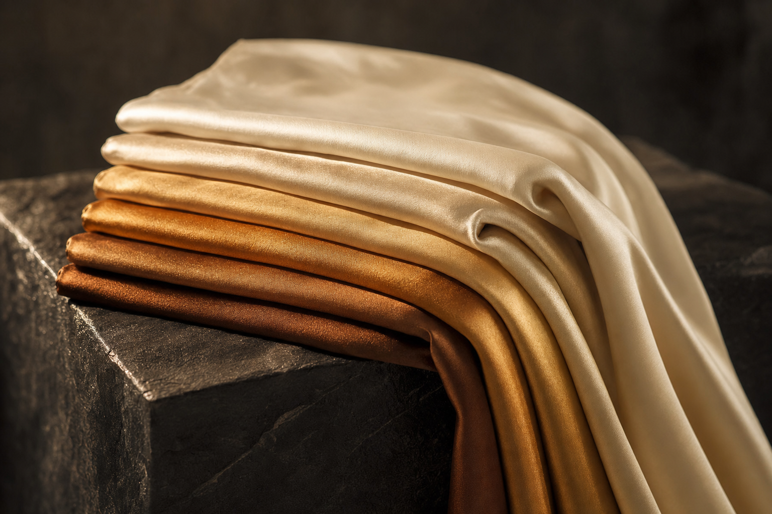 Folded silk fabric in six graduating shades from soft ivory to deep amber-bronze draped over the edge of a dark stone surface, representing the gentle-to-clinical range mapped in this chemical peel guide, Belldiva