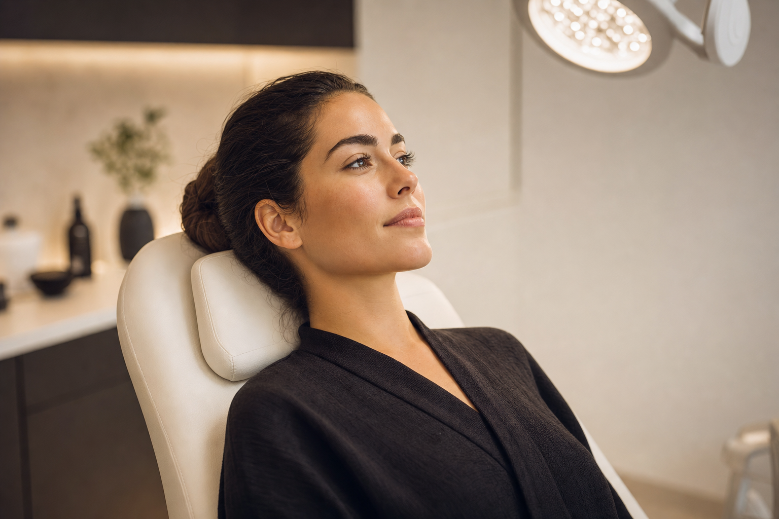 Woman reclined in a cream leather treatment chair in a softly lit clinic room with an overhead exam light, calm expression, representing the supervised environment of an in-office chemical peel, Belldiva