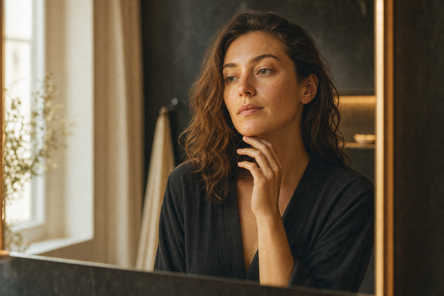 Woman looking into a mirror in soft morning light with one hand resting thoughtfully near the jawline, calm assessing expression, representing the moment of identifying what a specific skin concern actually needs, Belldiva