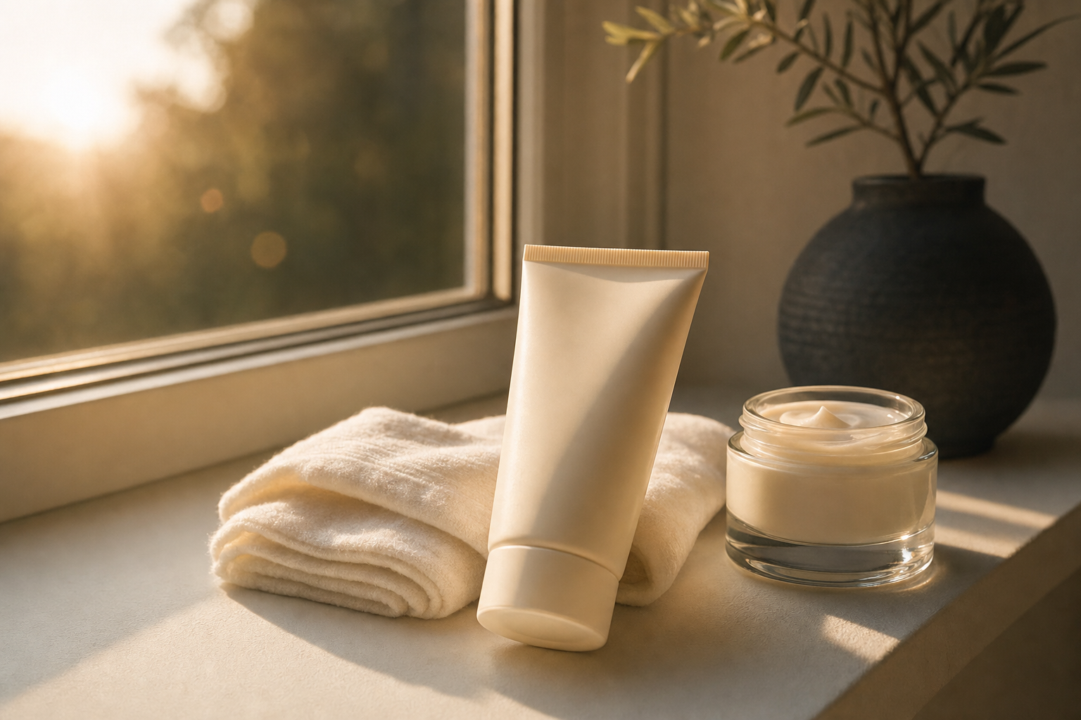 A moisturiser tube and open jar beside a folded white towel on a sunlit windowsill with a dark vase and olive branch, warm morning light streaming through the window, representing essential aftercare following a chemical peel, Belldiva
