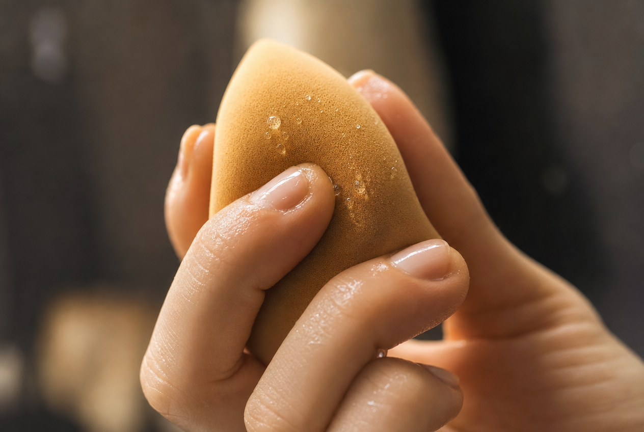 Close-up of a hand squeezing a damp beige blending sponge with water beading on its surface, representing the moist conditions that allow bacteria to multiply in cosmetic sponges, Belldiva