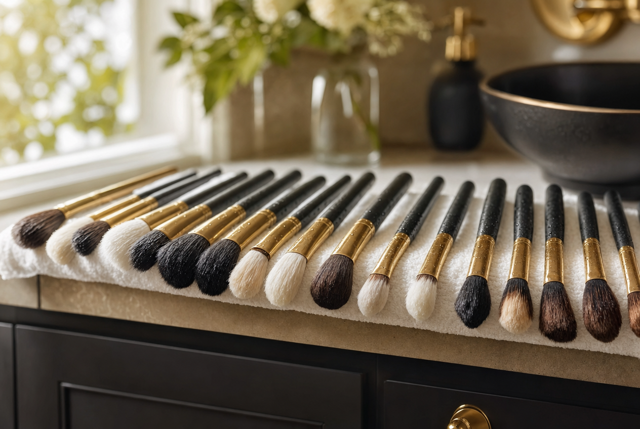 A long row of freshly washed makeup brushes drying flat on a white towel along a bright bathroom vanity, bristles extending over the counter edge, representing correct makeup brush cleaning technique, Belldiva