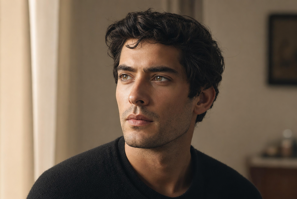 A man with light stubble and clear healthy skin in a black sweater, gazing calmly toward soft window light in a warm neutral room, representing an evidence-based approach to men's skincare, Belldiva