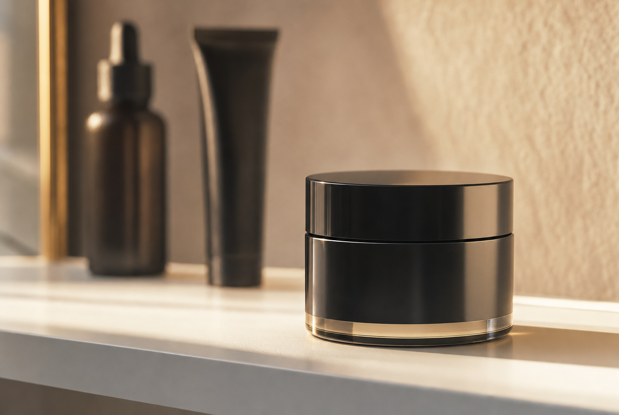 A dark glossy moisturiser jar in sharp focus on a pale bathroom ledge with a dropper bottle and tube softly blurred behind, representing a practical men's skincare routine, Belldiva