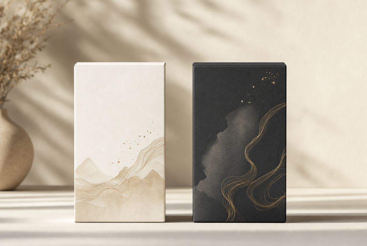 Two matching product cartons standing side by side in soft daylight, one cream and one charcoal with gold detailing, representing how men's skincare branding often repackages the same formula, Belldiva