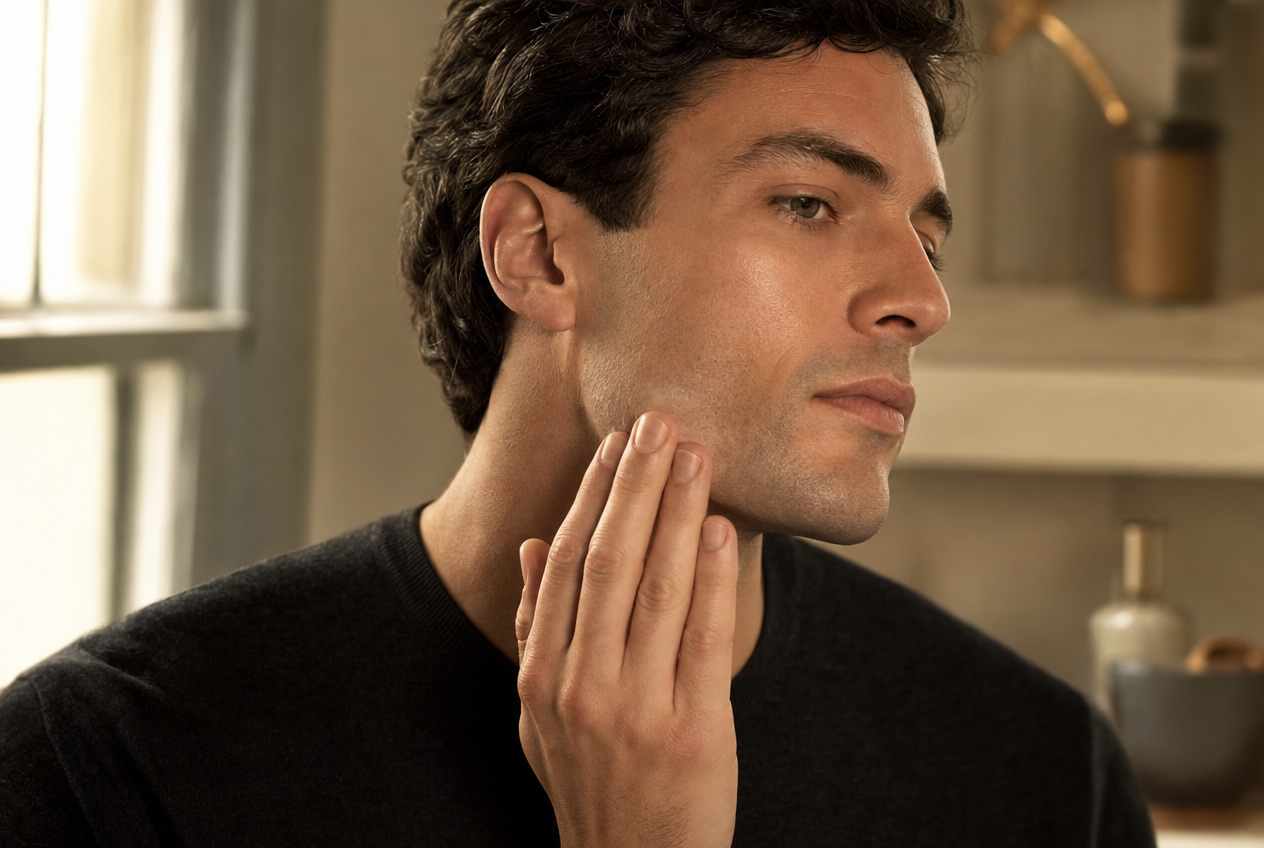 A man in profile pressing his fingertips gently against a freshly shaved jaw in warm window light, representing post-shave barrier support in a men's skincare routine, Belldiva