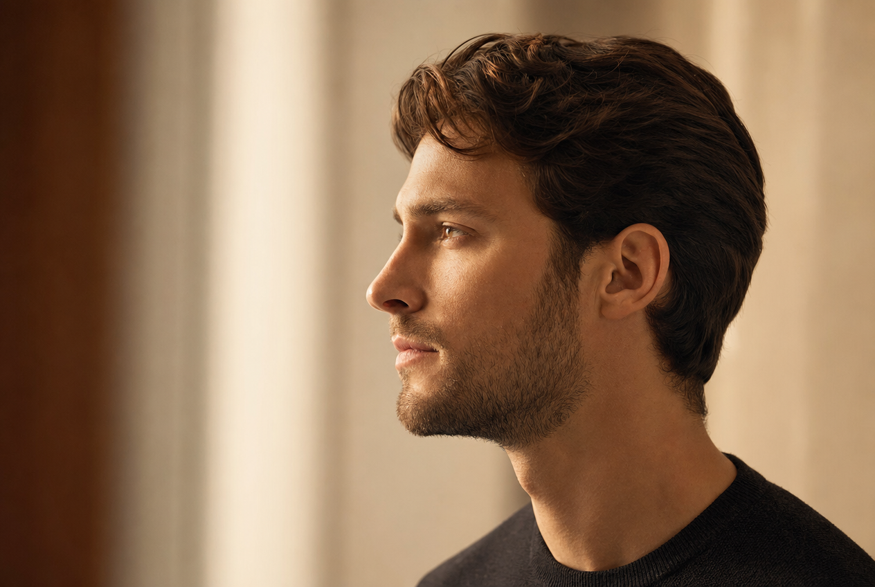 A man in profile with clear even skin and light stubble looking toward soft window light in a warm neutral room, representing the payoff of a consistent men's skincare routine, Belldiva