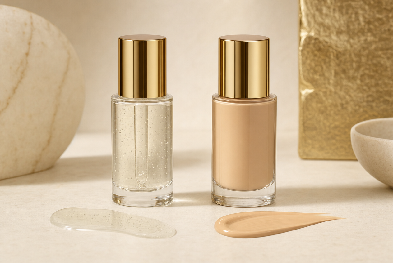 A clear serum bottle and a tinted foundation bottle with gold caps standing side by side on a cream surface, each with a swatch in front, representing the blend of skincare and pigment in a serum foundation, Belldiva