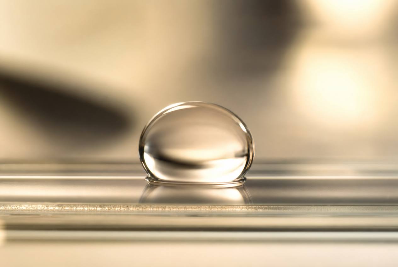 A single clear droplet of serum resting on a glass slide against a warm golden background, representing the active ingredients formulated into a serum foundation, Belldiva