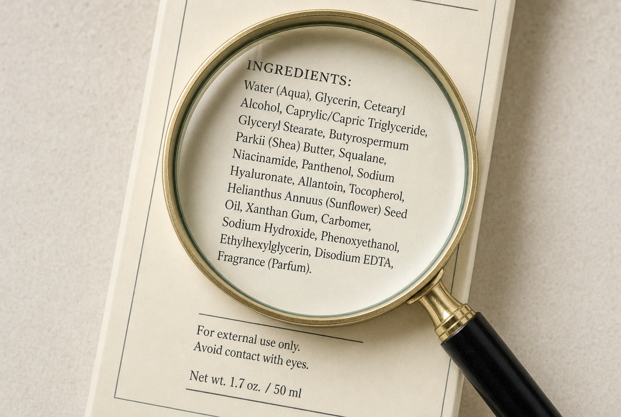 A magnifying glass held over a printed cosmetic ingredient list on a cream carton, representing how to read active concentration in a serum foundation, Belldiva