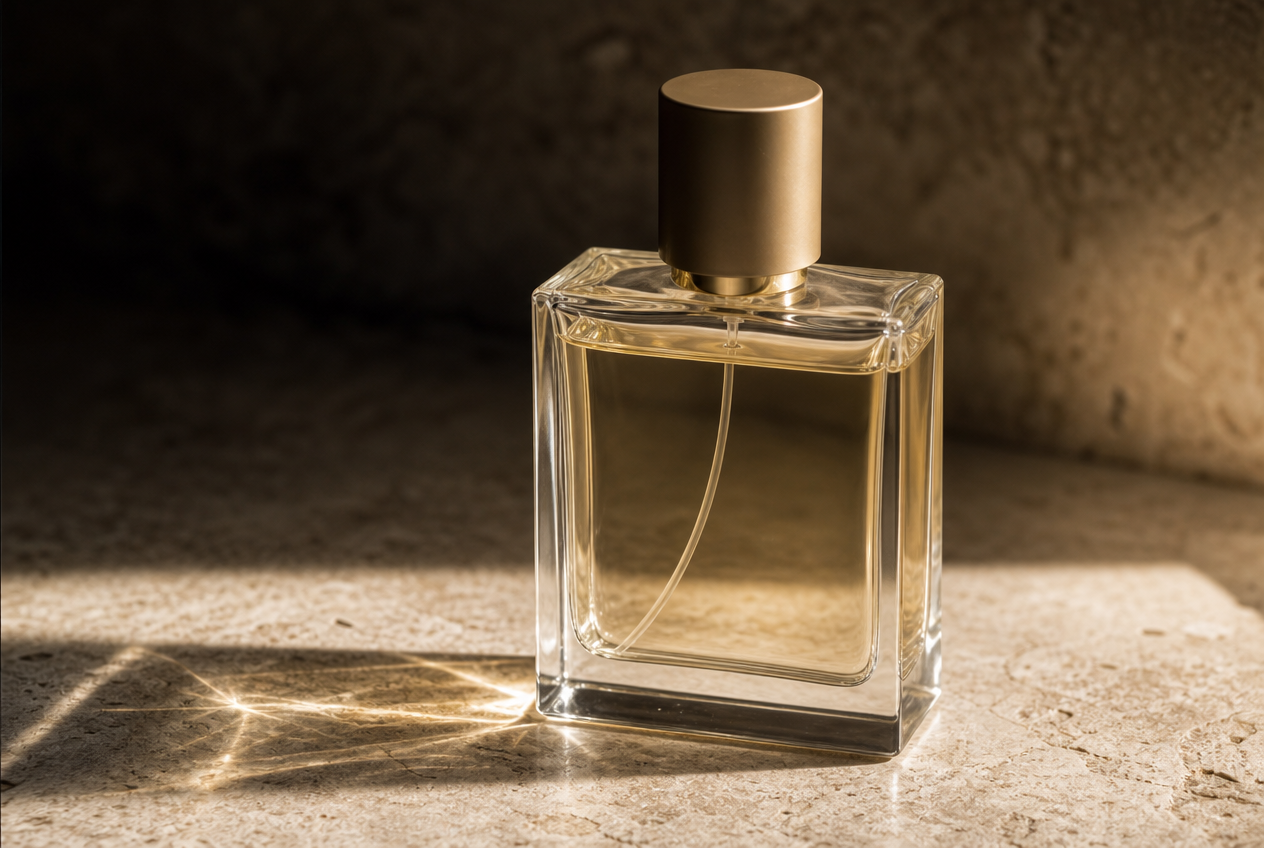A rectangular clear glass fragrance bottle with a brushed gold cap on travertine stone, low light casting a bright caustic pattern across the surface, representing the relationship between skin chemistry and fragrance, Belldiva