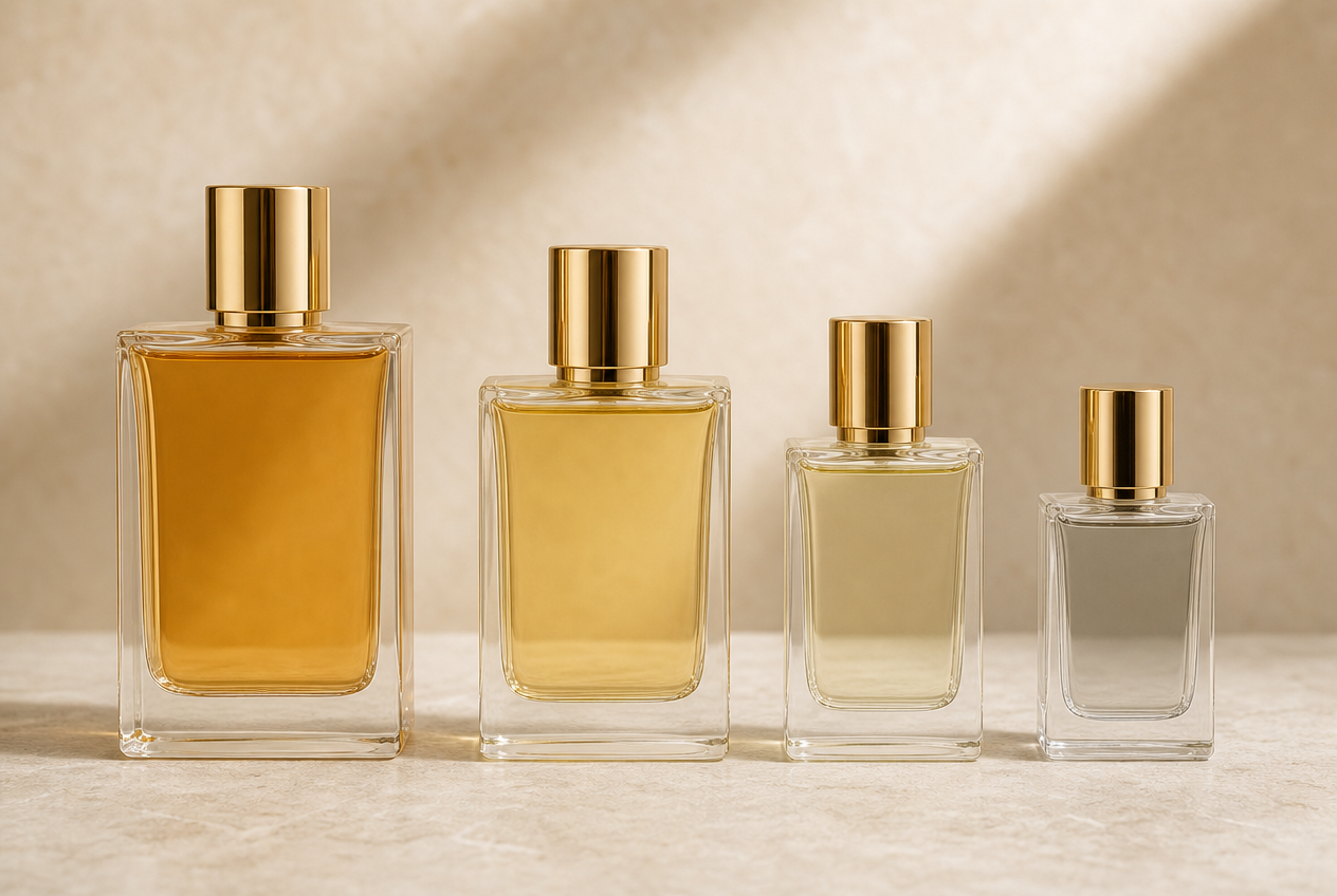 Four unlabelled fragrance bottles with gold caps arranged in descending size, their liquid shading from deep amber to nearly clear, representing concentration differences between perfume and cologne, Belldiva