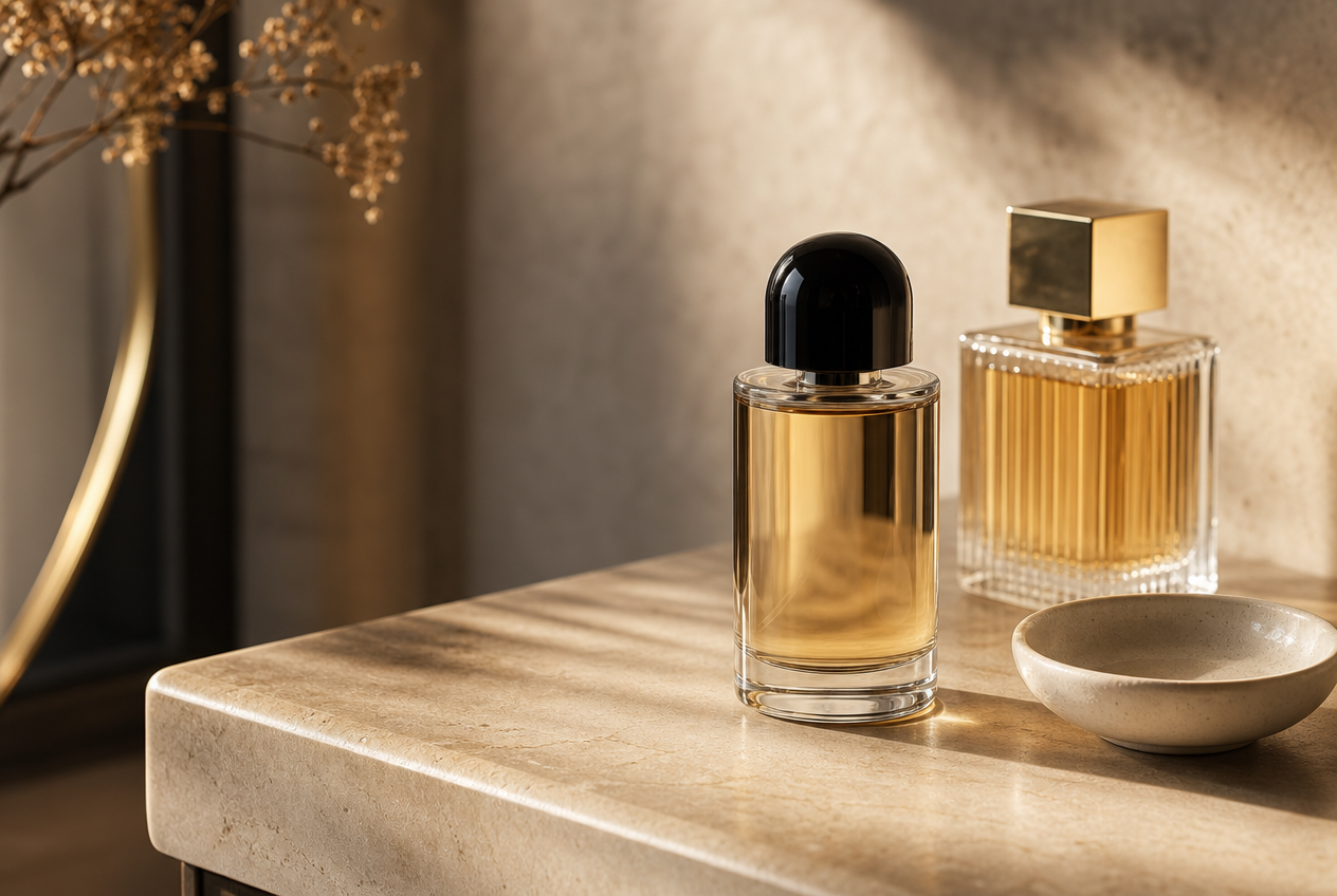 Two fragrance bottles and a small ceramic dish on a marble ledge in warm afternoon light, with dried stems and a mirror softly blurred behind, representing thoughtful selection guided by skin chemistry and fragrance behaviour, Belldiva