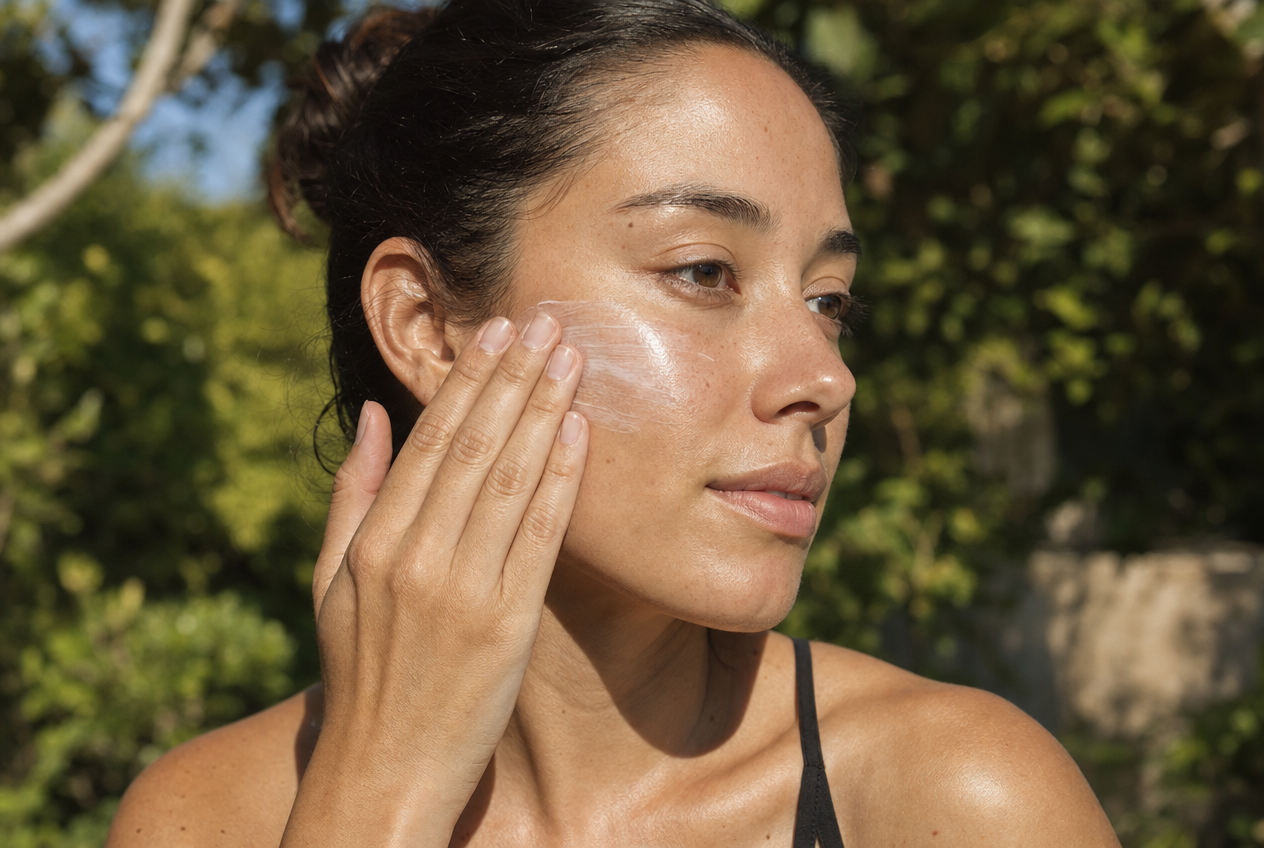A woman outdoors in bright daylight smoothing sunscreen across one cheek with her fingers, green foliage blurred behind her, representing the real relationship between sunscreen and acne, Belldiva
