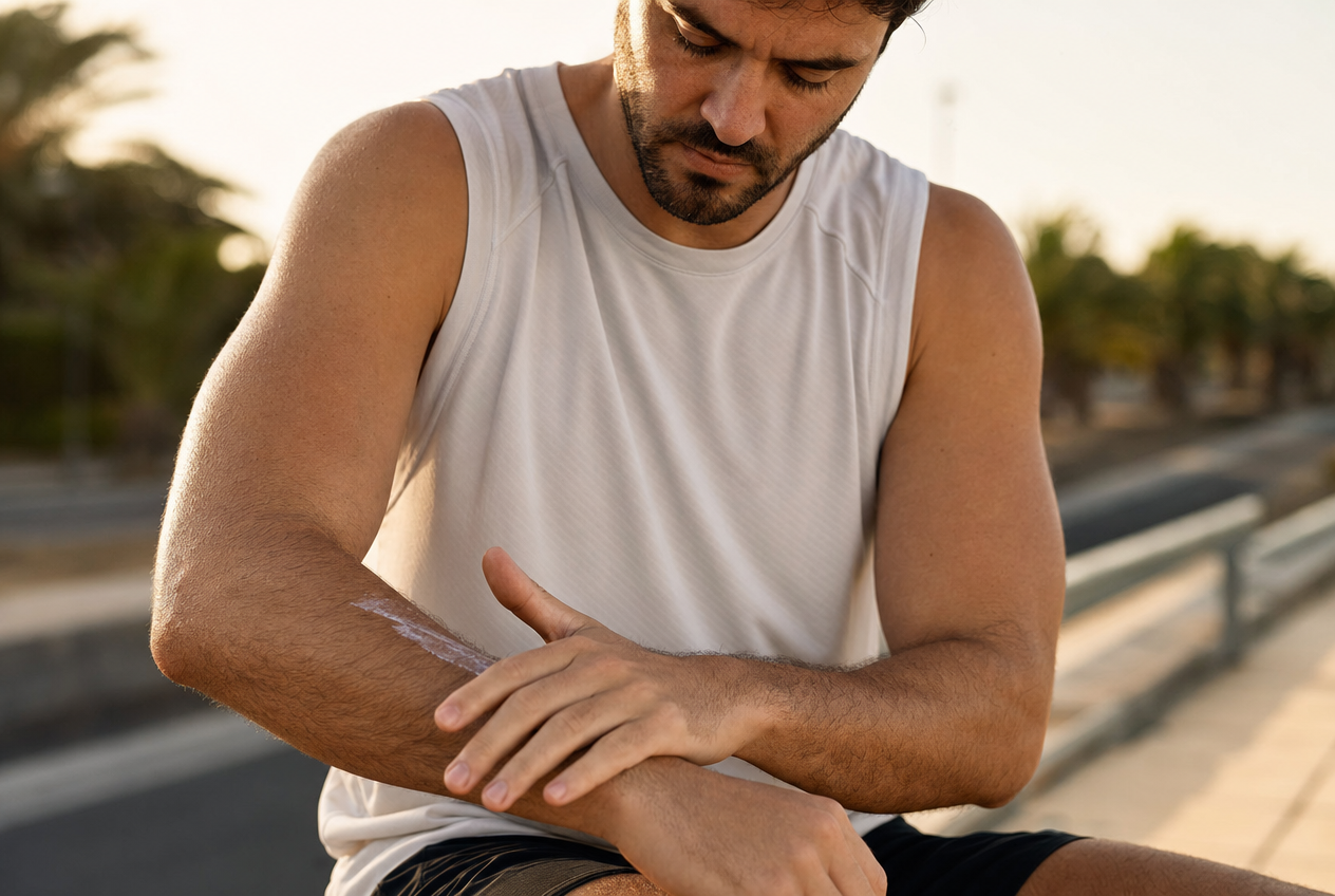 A man in a white athletic vest applying a streak of sunscreen along his forearm outdoors in warm evening light, representing lighter formulas that ease the sunscreen and acne problem, Belldiva