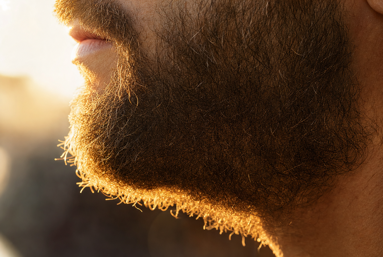 A close view of a well-kept beard along the jawline in soft daylight showing the skin visible between the hair, representing beard skin care, Belldiva
