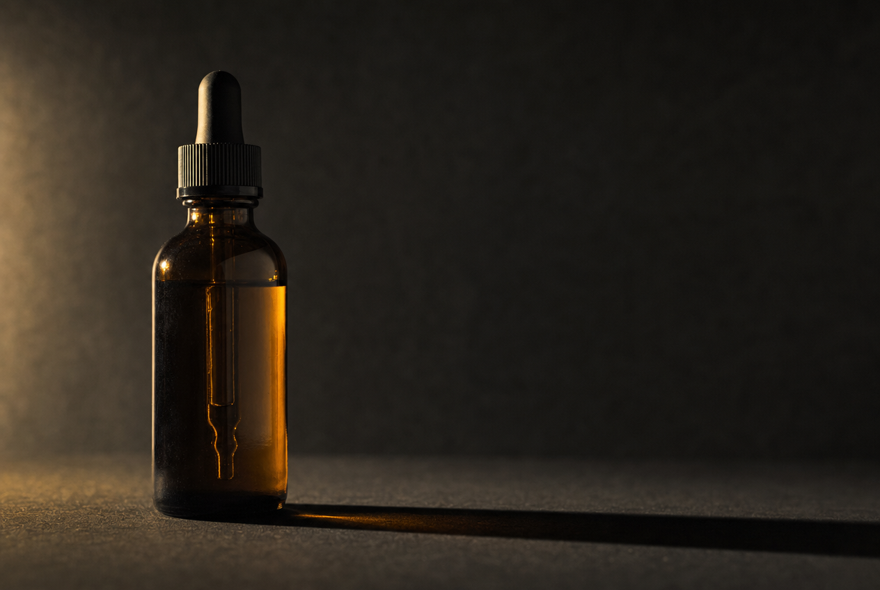 An unlabelled dropper bottle of beard oil resting beside a wooden comb on a plain surface, representing beard skin products that may not suit everyone, Belldiva