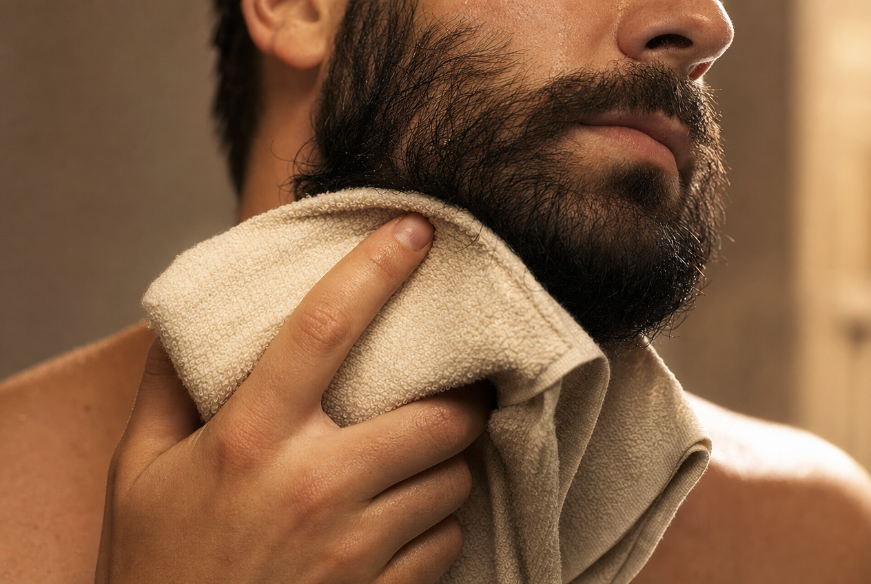 A man working a cleanser into the skin beneath his beard with his fingertips in warm daylight, representing washing beard skin rather than only the hair, Belldiva