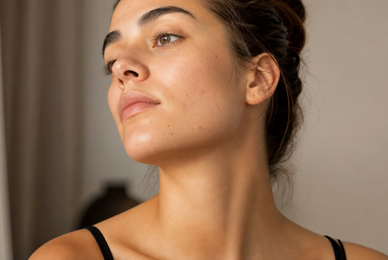 A woman with her hair tied back tilting her chin upward and turning her face to the side, showing natural skin texture and a few small blemishes along the cheek and jaw, representing an evidence-based look at face mapping acne claims, Belldiva