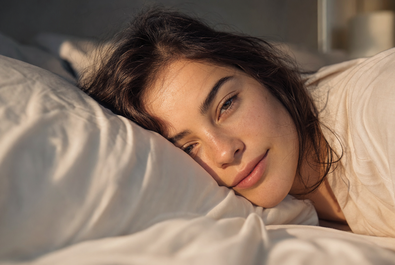 A woman lying on her side with one cheek pressed into a creased cream pillowcase in warm morning light, representing how nightly contact and friction rather than face mapping acne zones drive some breakouts, Belldiva