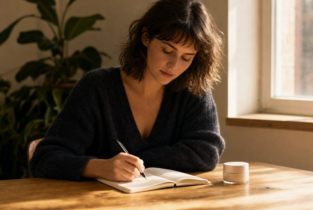 A woman in a dark sweater writing in an open notebook at a wooden table beside a small pale skincare jar, warm window light across the page, representing tracking patterns over time instead of relying on a chart, Belldiva