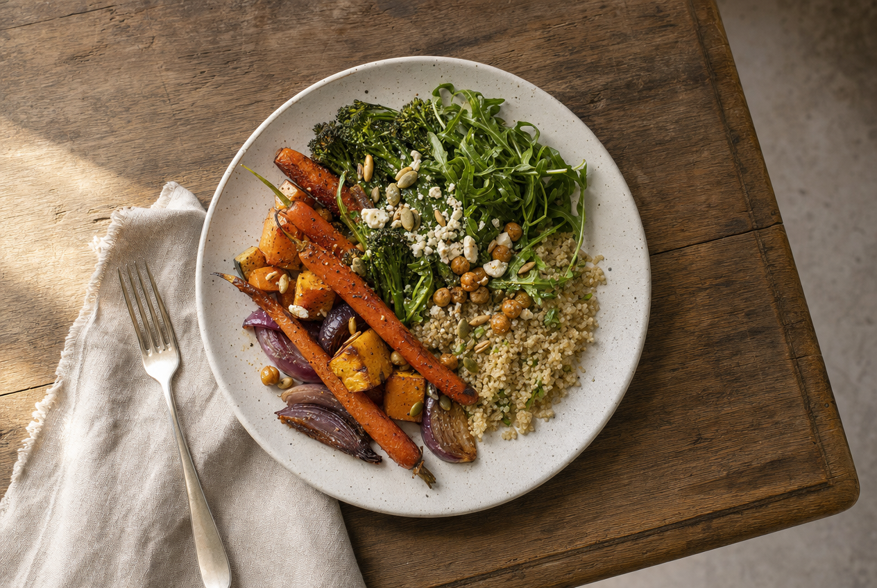 An overhead view of a speckled ceramic plate holding roasted carrots, squash and red onion with broccolini, rocket, chickpeas, quinoa and seeds, beside a linen napkin and fork on a worn wooden table, representing an evidence-based look at the gut skin axis, Belldiva
