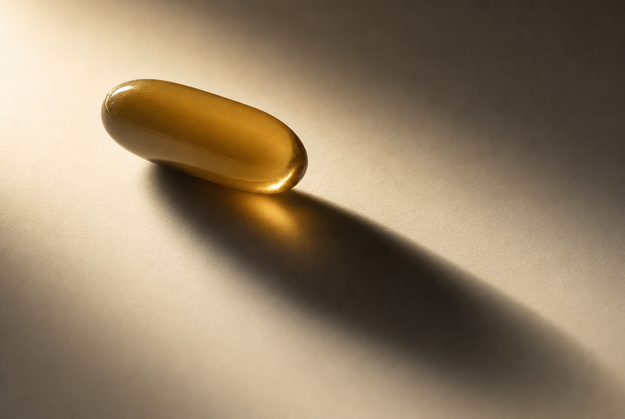 A single amber supplement capsule resting alone on a pale surface under hard directional light casting a long shadow across an empty frame, representing gut skin axis claims that outpace their evidence, Belldiva