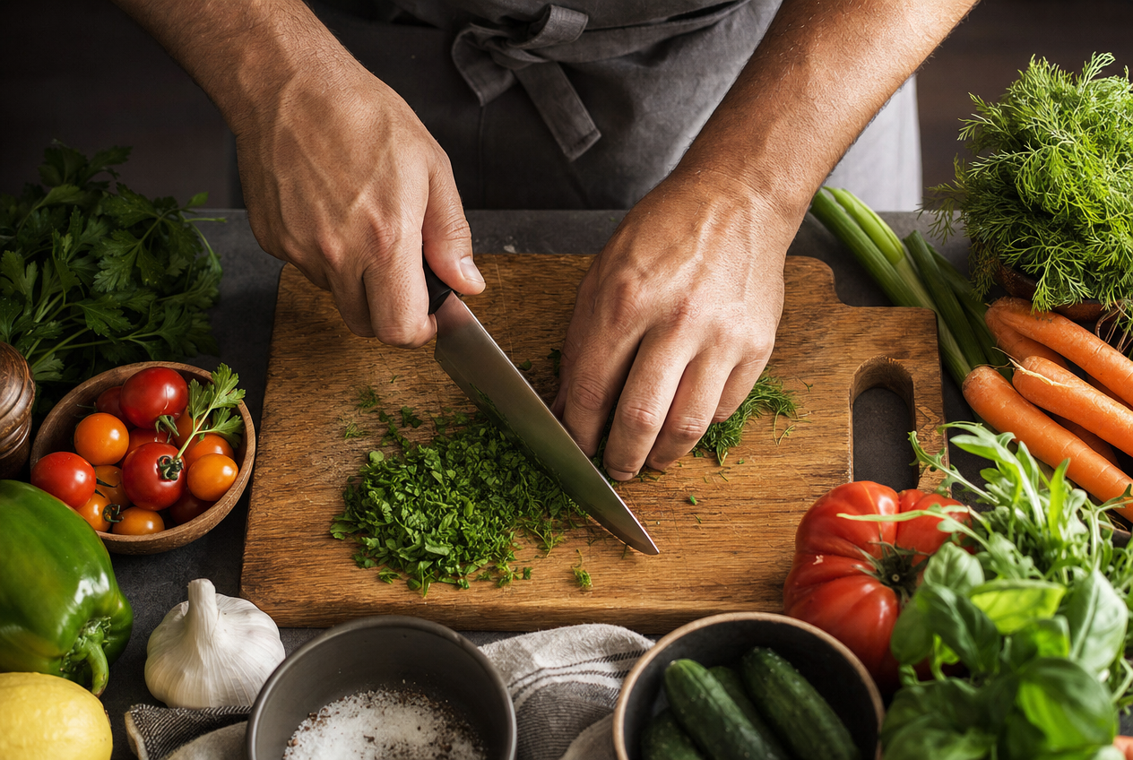 An overhead view of a man in a grey apron chopping fresh herbs on a wooden board surrounded by tomatoes, peppers, carrots, garlic and greens, representing everyday diet quality rather than gut skin axis supplements, Belldiva
