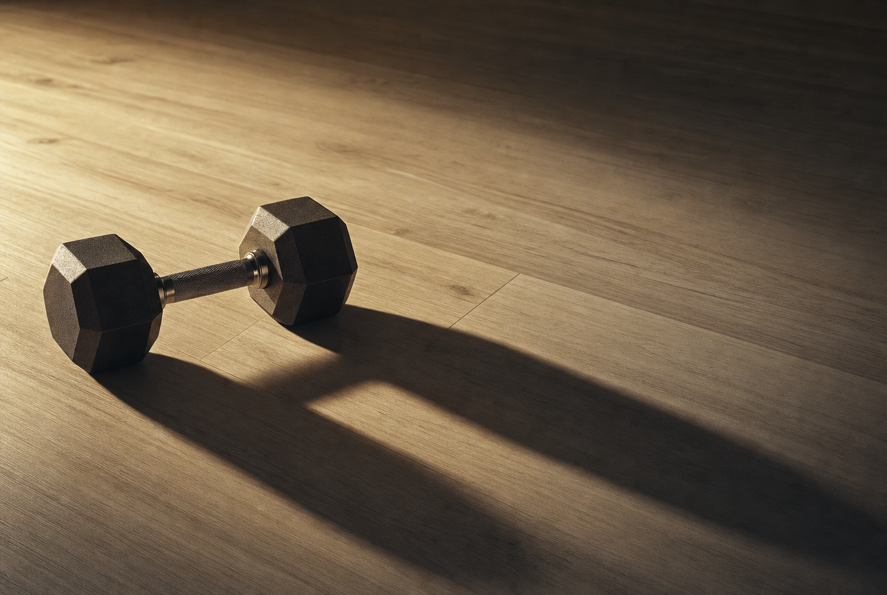 A single dark dumbbell resting alone on a pale wooden floor casting one long shadow across empty space, representing the record muscle memory leaves behind after training stops, Belldiva
