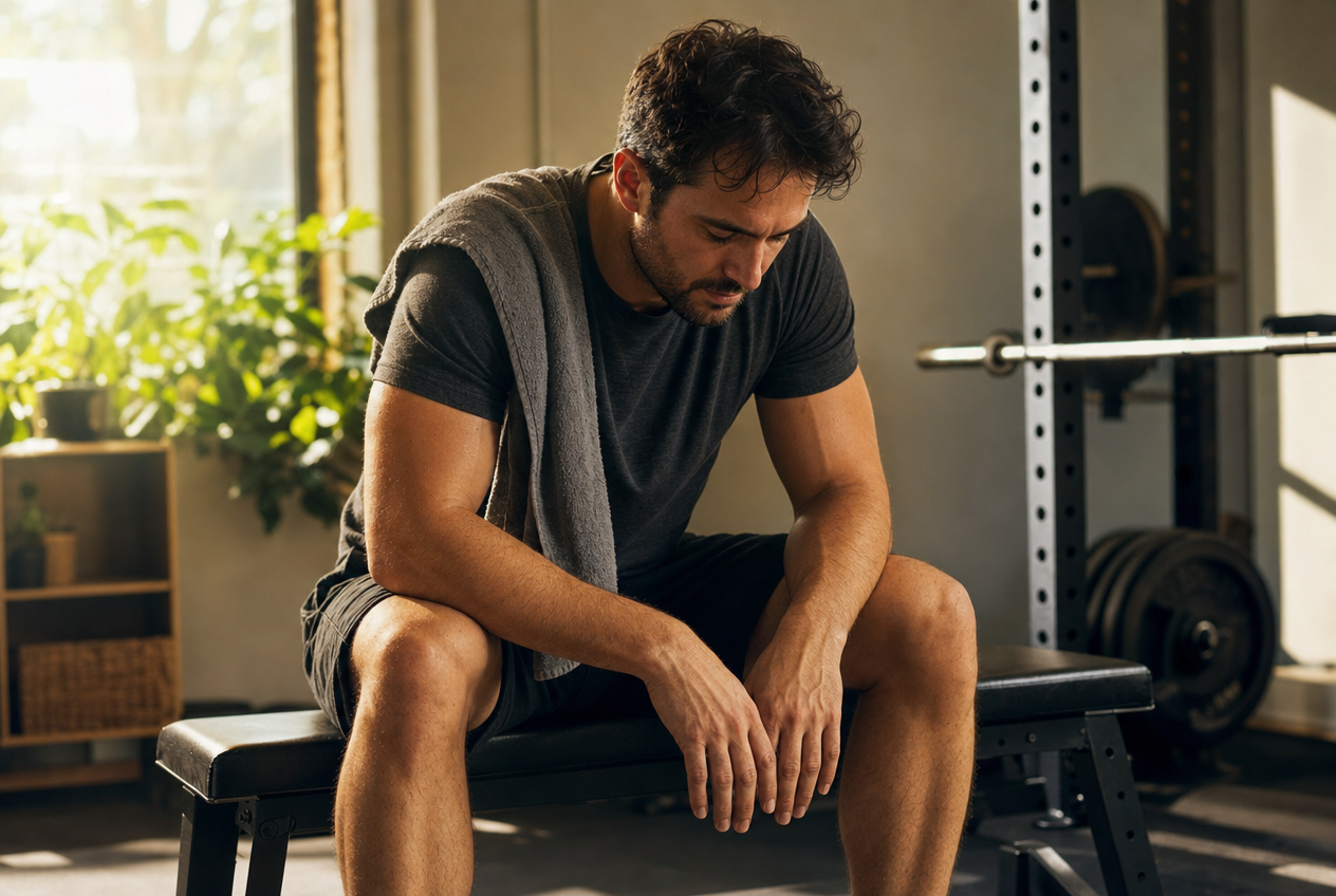 A man in a grey shirt seated on a bench with a towel over one shoulder and forearms resting on his thighs, catching his breath between sets, representing the steady effort muscle memory rewards, Belldiva