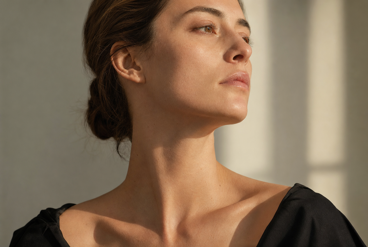 A woman with her hair in a low bun and her chin lifted and turned away, the extended neck and collarbone lit by soft window light, representing why neck skincare deserves its own attention, Belldiva