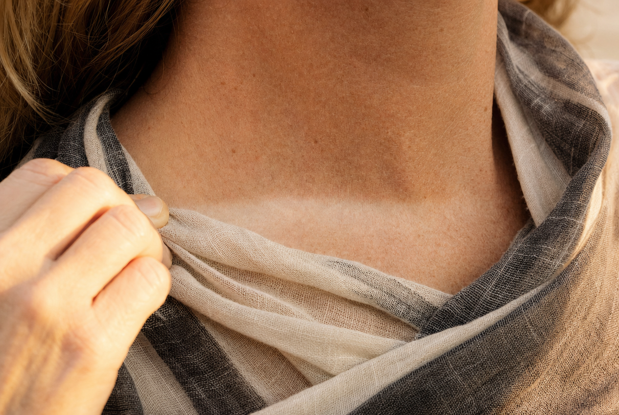A hand lifting a striped linen scarf away from the neck to reveal a pale protected band of skin against the freckled sun-exposed skin above it, showing what neck skincare and shade prevent, Belldiva