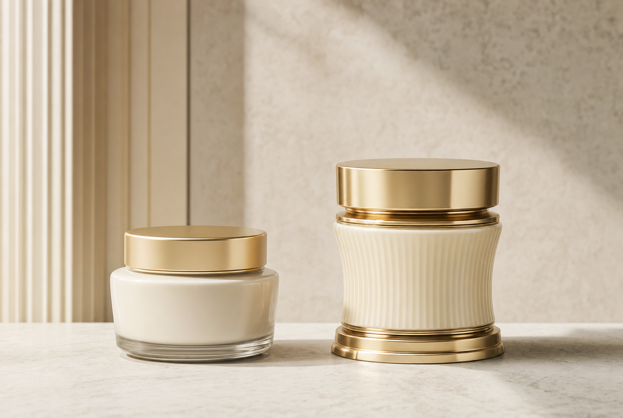 Two unlabelled cream jars side by side on marble, one plain and squat beside a taller ornate ribbed jar with a gold lid, representing how neck skincare products often cost more without doing more, Belldiva