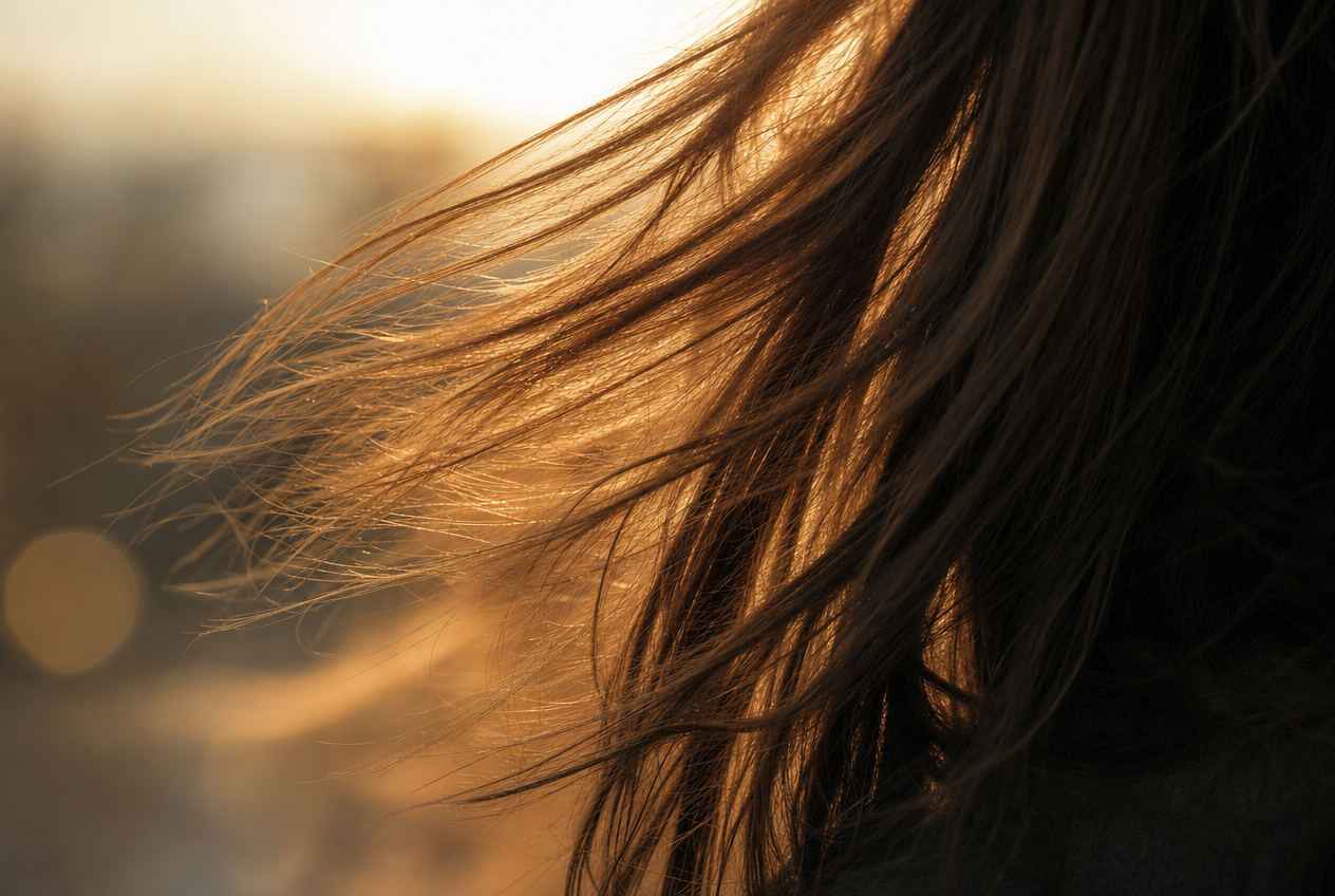 Long hair backlit by low golden sunlight with individual strands catching the light and the ends looking dry and lightened, representing summer hair damage, Belldiva