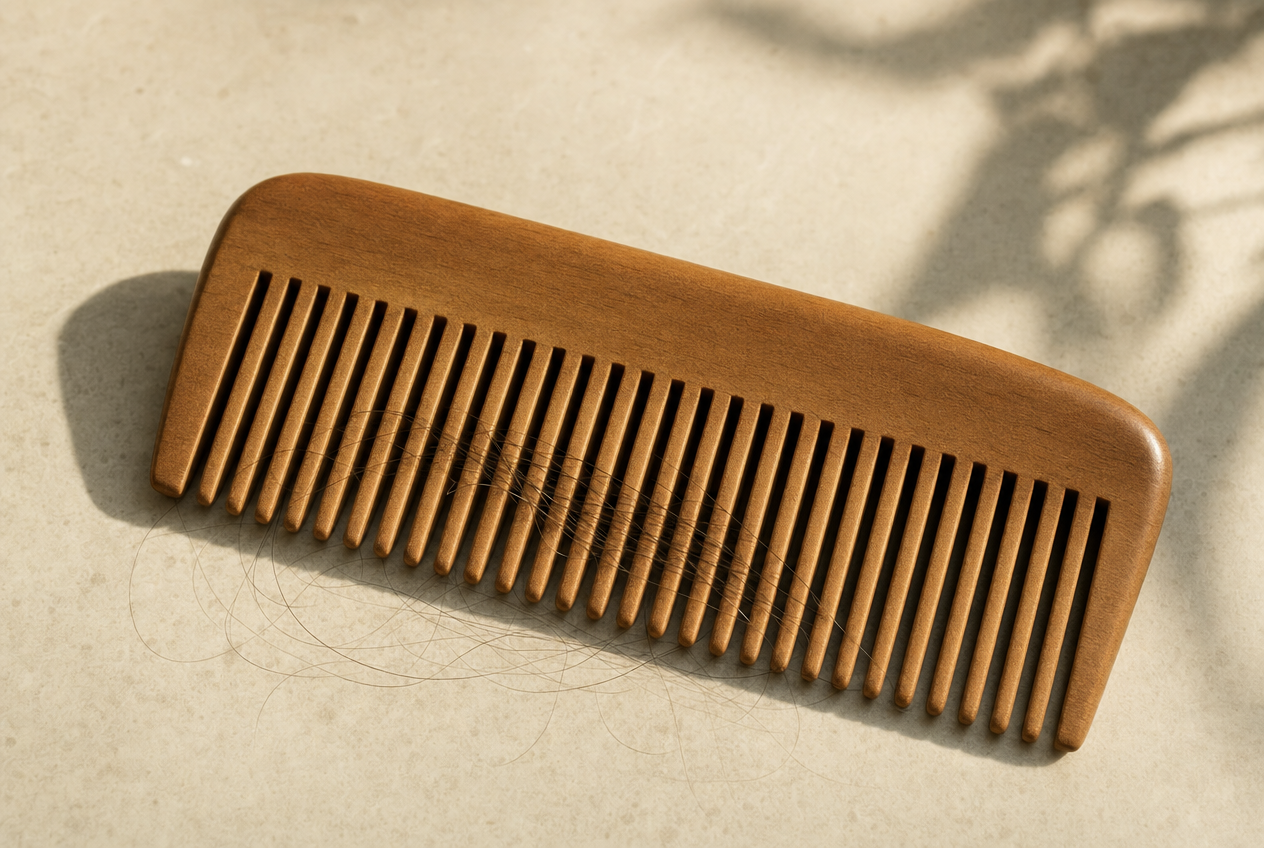A wooden wide-tooth comb resting on a pale stone surface with a few fine loose hairs caught between its teeth, representing the structural summer hair damage that cannot be reversed, Belldiva