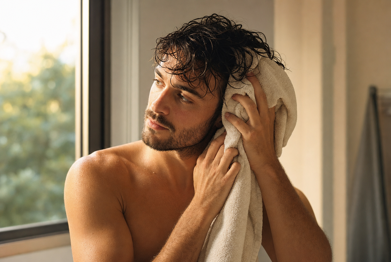 A man drying his damp dark hair with a cream towel beside a bright window, looking out toward greenery, representing recovery from summer hair damage, Belldiva