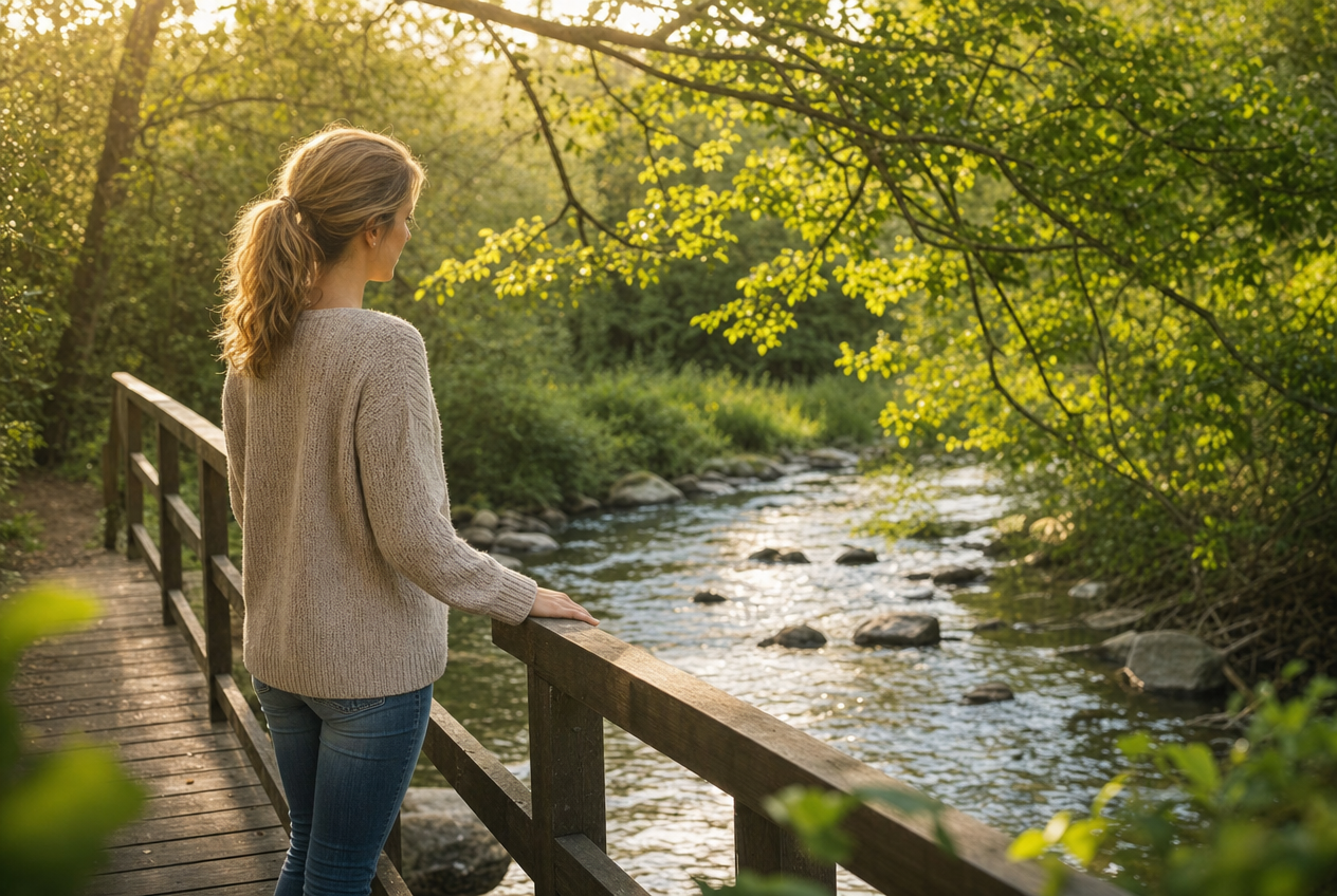 A woman seen from behind pausing on a wooden footbridge with one hand resting on the rail, looking out over a sunlit stream surrounded by green foliage, representing the everyday value of time outdoors, Belldiva