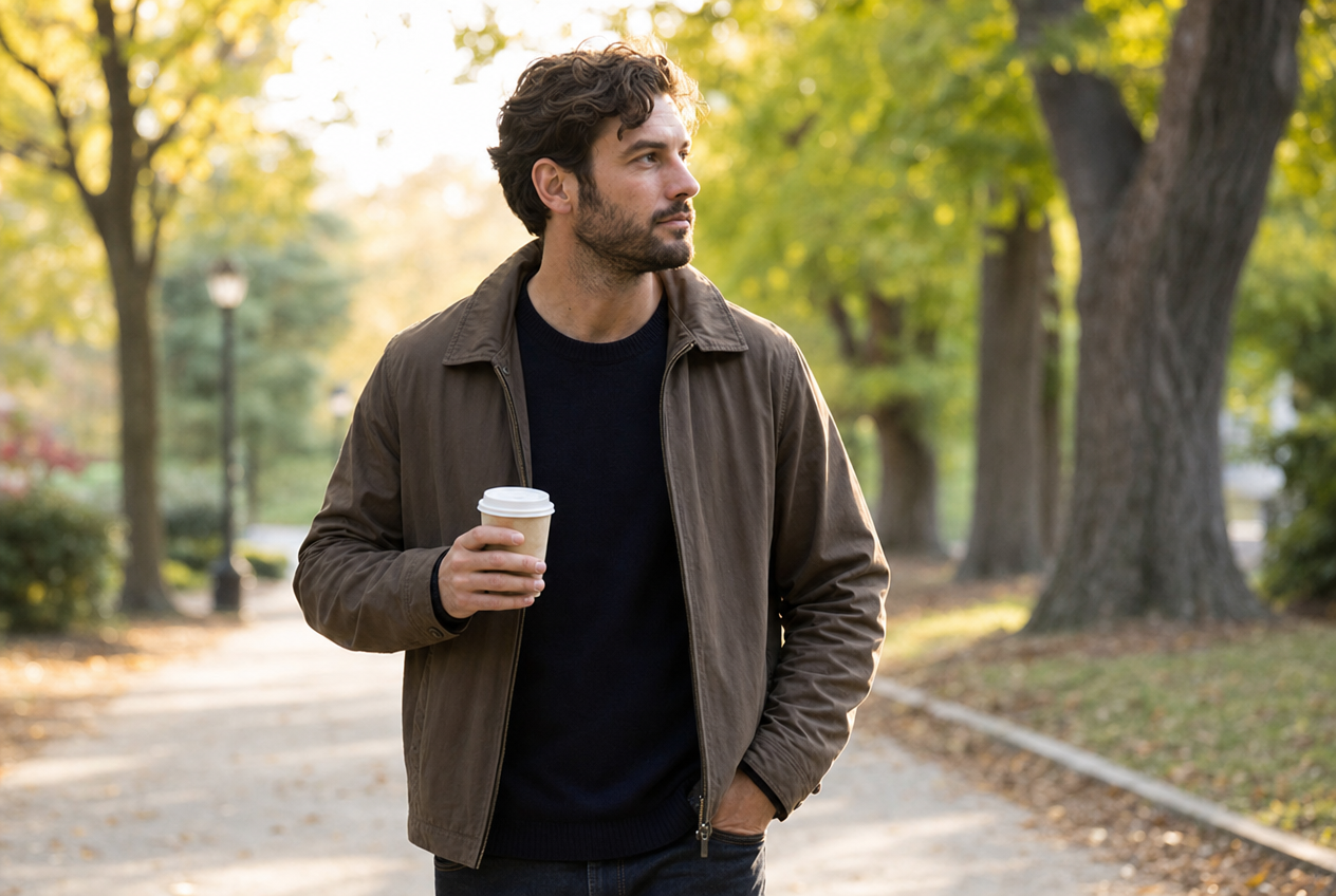 A man in a brown jacket walking a tree-lined park path with a coffee cup in one hand and the other in his pocket, warm autumn light around him, representing how brief daily time outdoors accumulates, Belldiva
