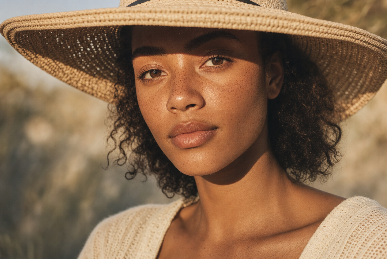 A woman in a wide-brimmed straw hat outdoors, the brim casting shade across her upper face, freckling visible across her nose and cheeks in warm sunlight, representing an evidence-based look at tranexamic acid for pigmentation, Belldiva