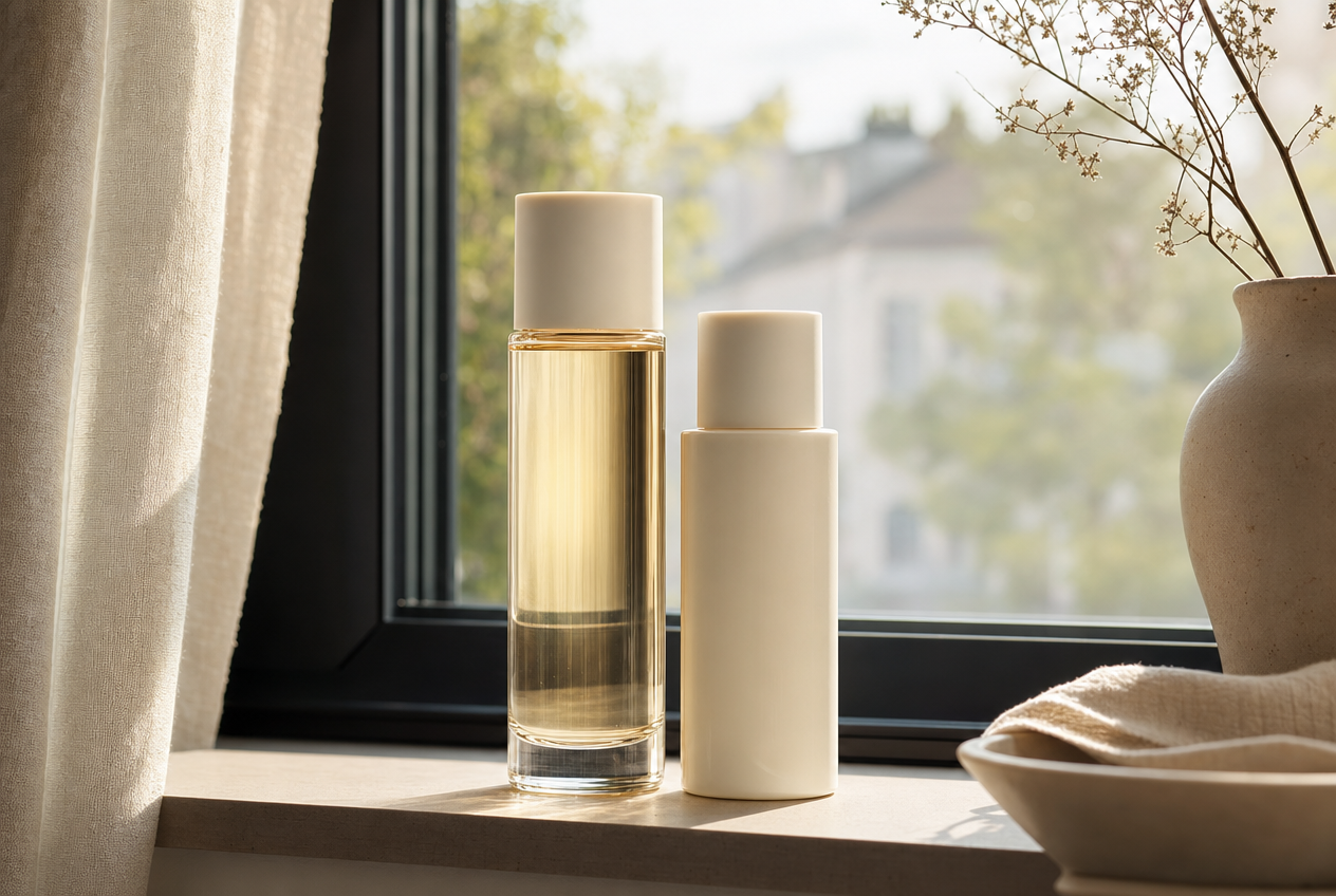 A tall clear serum bottle and a shorter cream-coloured bottle standing together on a sunlit windowsill beside a ceramic vase, bright daylight behind them, representing how tranexamic acid depends on daily sun protection to work, Belldiva