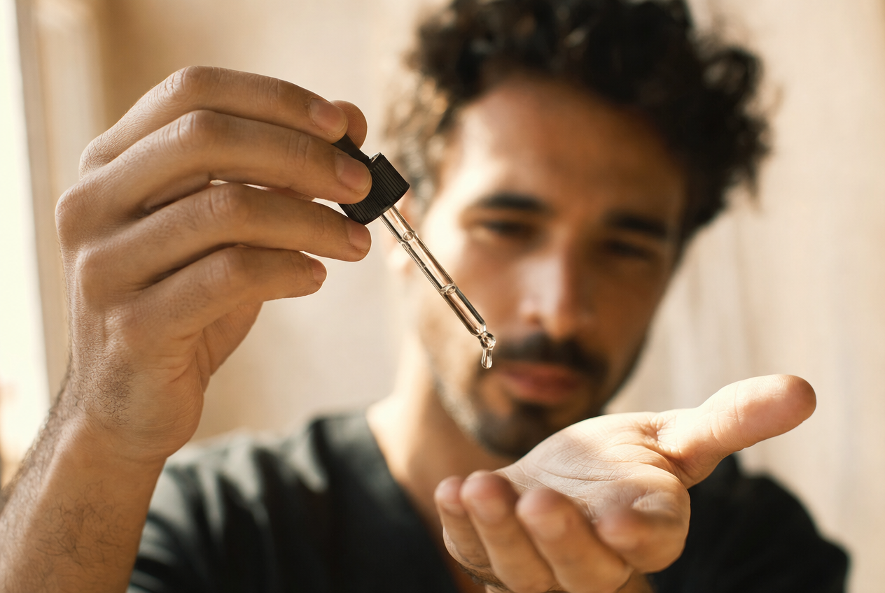 A man holding a glass dropper above his open upturned palm with a single drop of serum falling, his face softly out of focus behind, representing how tranexamic acid suits post-acne marks in men and women alike, Belldiva