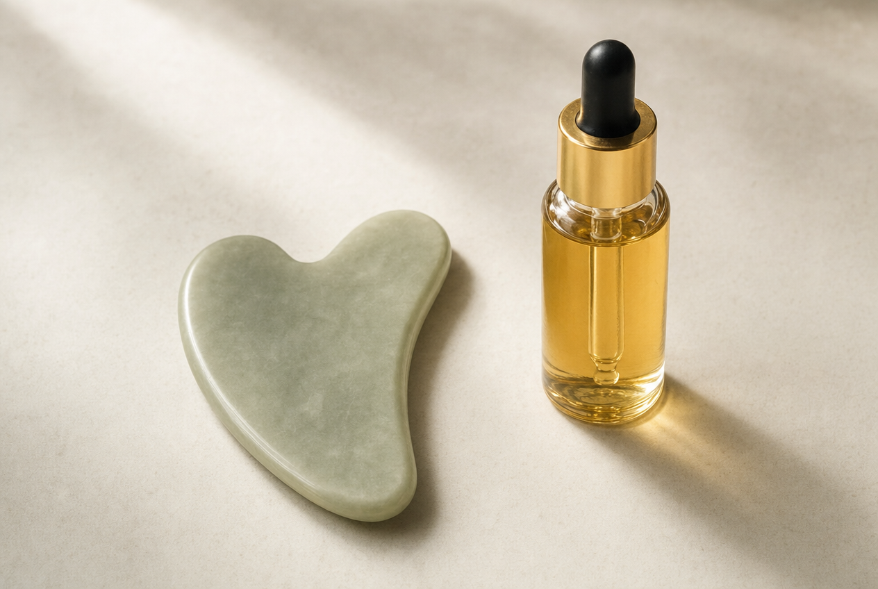 A pale green heart-shaped jade stone tool beside a small glass bottle of amber facial oil with a gold collar on a cream surface in soft window light, representing an evidence-based look at gua sha, Belldiva